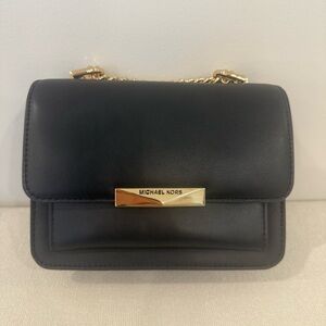 Michael Kors Jade Gusset Leather Crossbody Bag-Black with Gold-tone Hardware